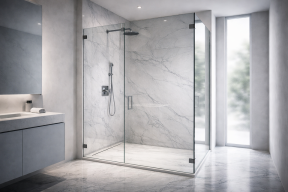 Moderne Dusche aus Glas mit marmorierten Wänden und hellen Fliesen. Helle, luftige Atmosphäre.